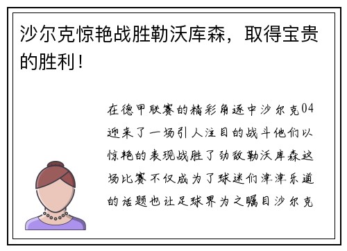 沙尔克惊艳战胜勒沃库森，取得宝贵的胜利！