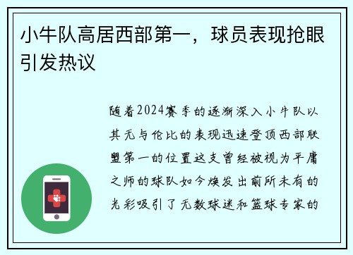 小牛队高居西部第一，球员表现抢眼引发热议