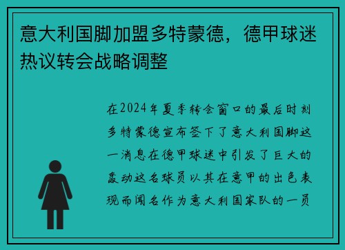 意大利国脚加盟多特蒙德，德甲球迷热议转会战略调整