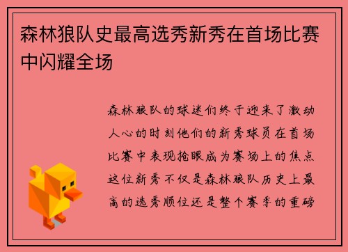 森林狼队史最高选秀新秀在首场比赛中闪耀全场
