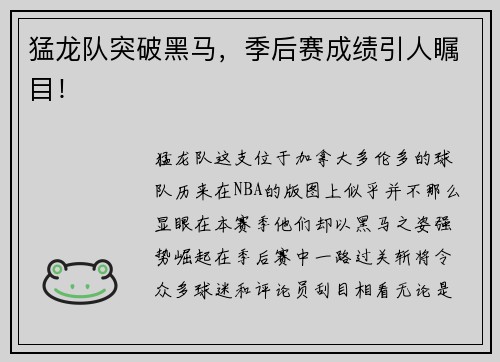 猛龙队突破黑马，季后赛成绩引人瞩目！